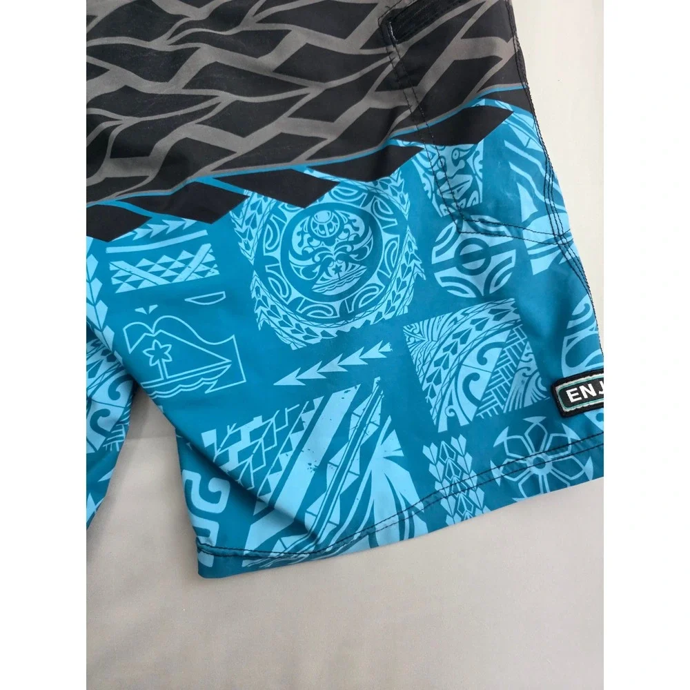 HIC Hawaiian Island Creations Board Shorts Mens Blue Tribal Print Swim Trunks